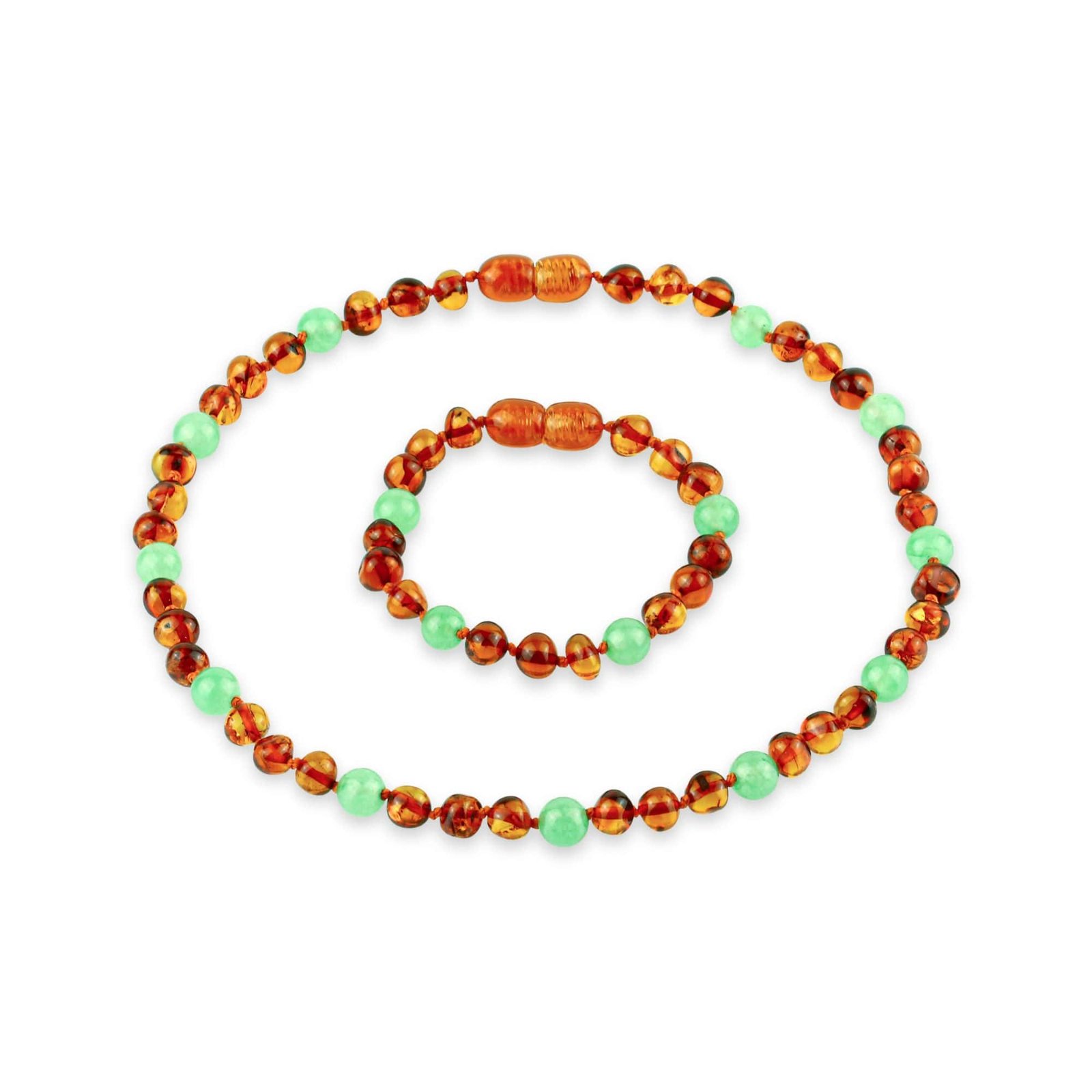Amber Kids Necklace & Bracelet Set – Baroque Beads Cognac & Aventurine - Baltic Amber Wholesale - Ekohub.lt