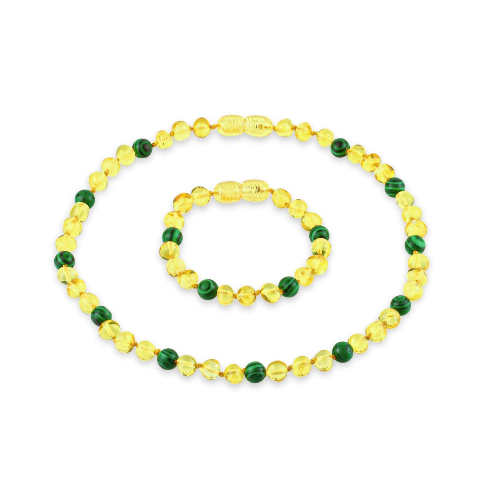 Amber Kids Necklace & Bracelet Set – Baroque Beads Lemon & Malachite - Baltic Amber Wholesale - Ekohub.lt