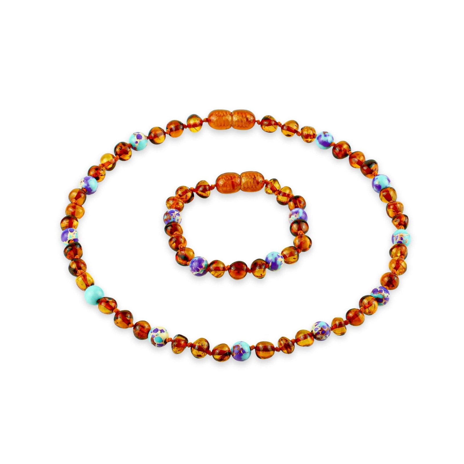 Amber Kids Necklace & Bracelet Set – Baroque Beads Cognac & Purple Sea Sediment - Baltic Amber Wholesale - Ekohub.lt