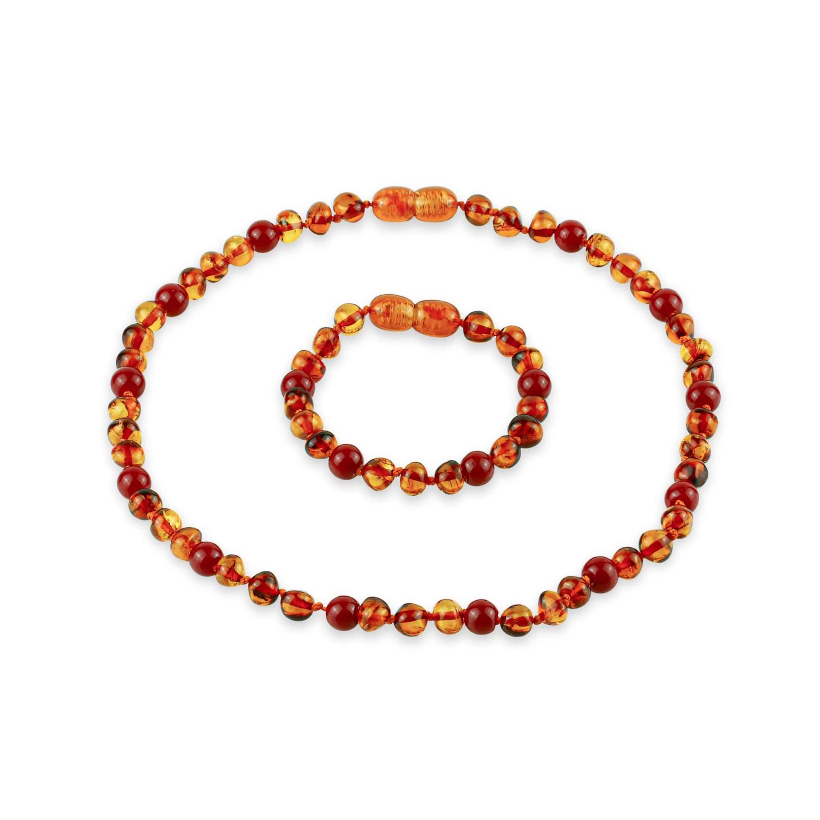 Amber Kids Necklace & Bracelet Set – Baroque Beads Cognac & Red Coral - Baltic Amber Wholesale - Ekohub.lt