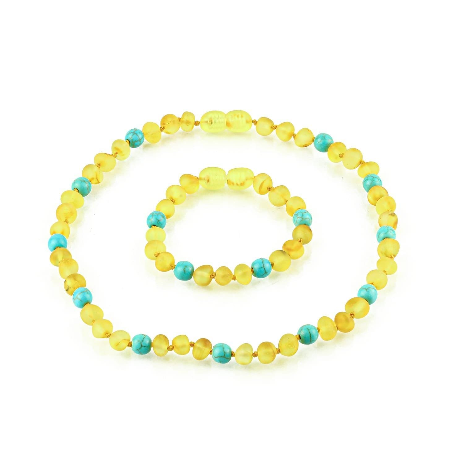 Amber Kids Necklace & Bracelet Set – Baroque Beads Lemon & Turquoise - Baltic Amber Wholesale - Ekohub.lt