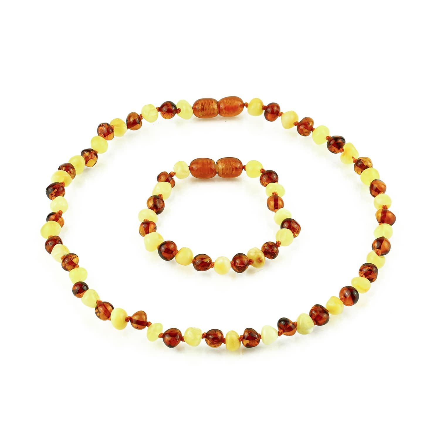 Amber Kids Necklace & Bracelet Set – Baroque Beads Cognac & Milky Yellow Color - Baltic Amber Wholesale - Ekohub.lt