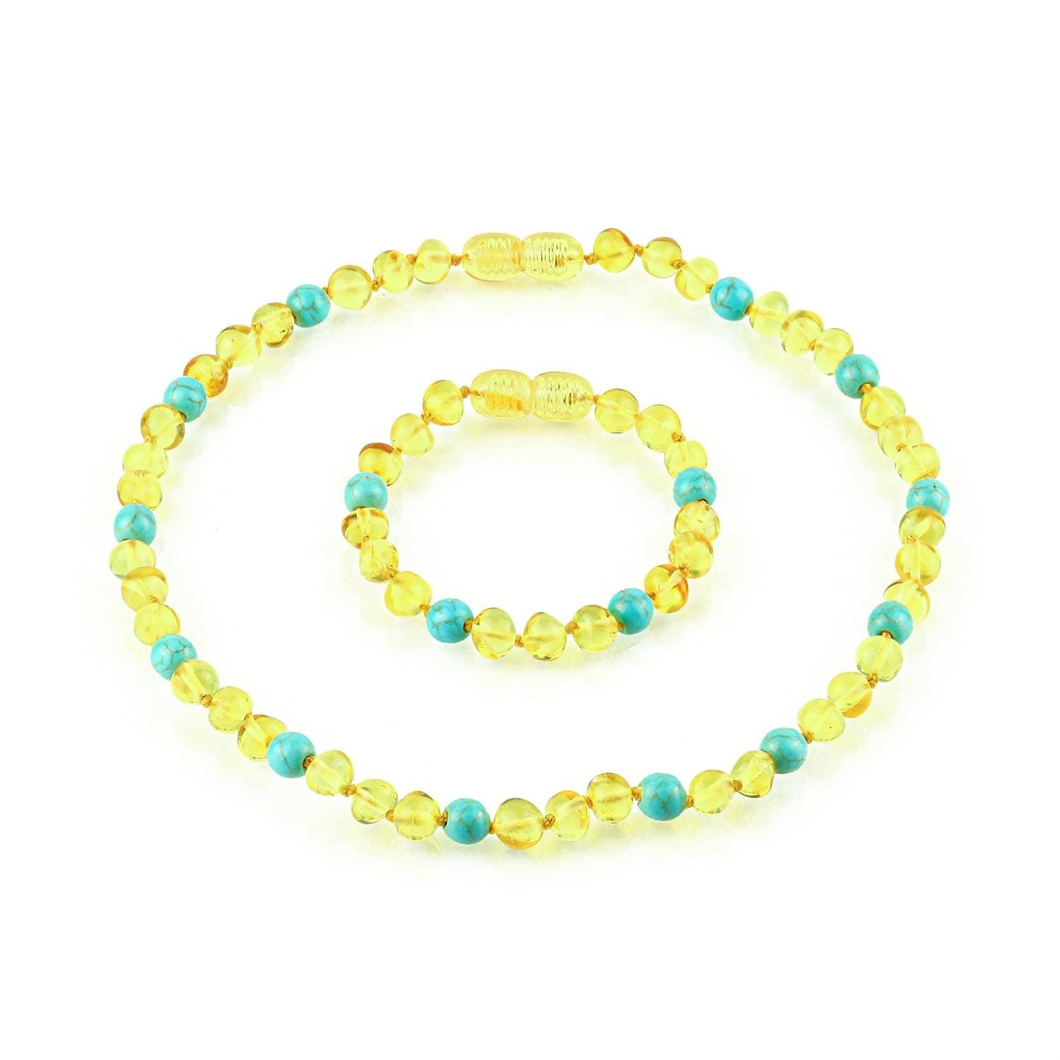 Amber Kids Necklace & Bracelet Set – Baroque Beads Lemon & Turquoise - Baltic Amber Wholesale - Ekohub.lt