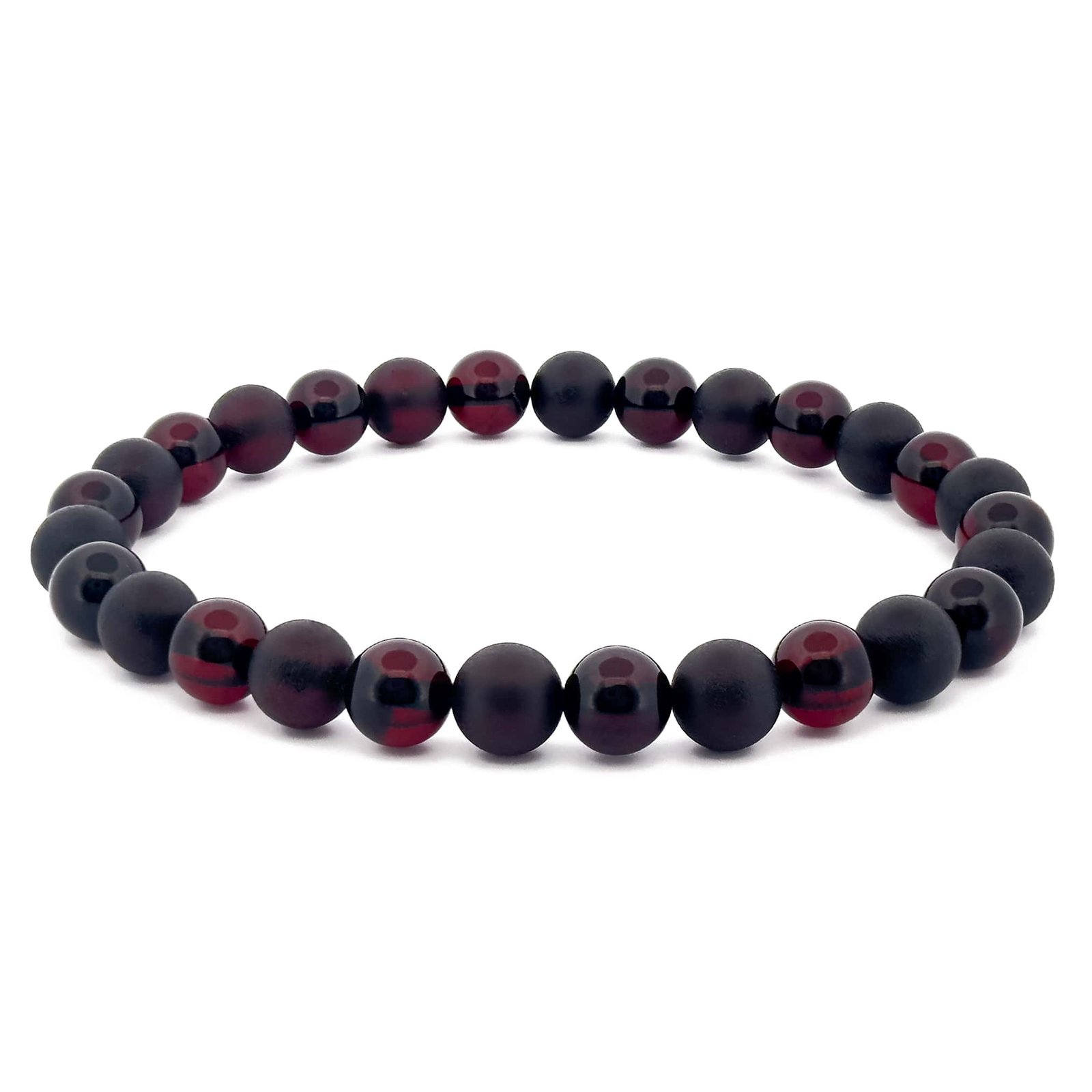 Amber Bracelet – 6mm Round Cherry & Matte Black Beads - Baltic Amber Wholesale - Ekohub.lt